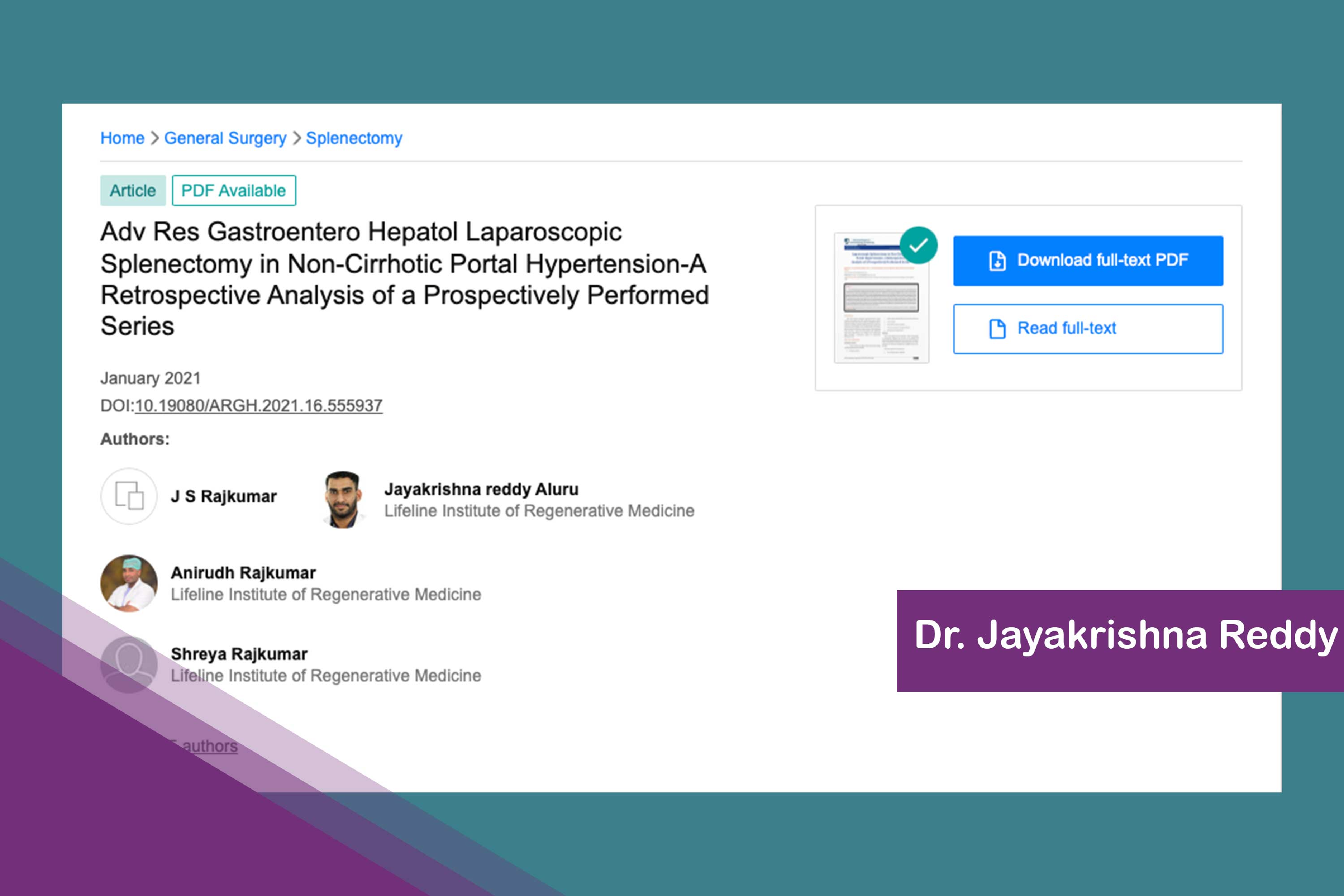 Adv Res Gastroentero Hepatol Laparoscopic Splenectomy in Non-Cirrhotic Portal Hypertension-A Retrospective Analysis of a Prospectively Performed Series